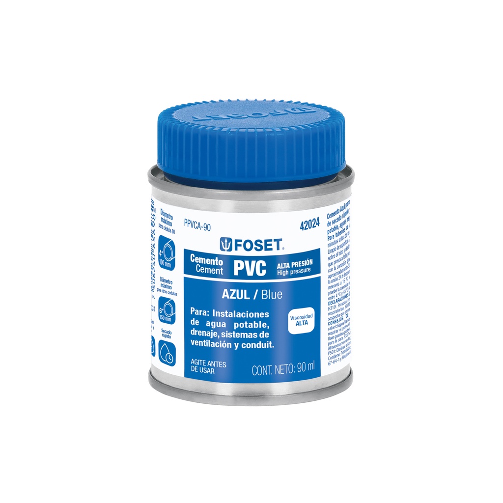 Cemento azul para PVC en bote de 90 ml, alta presión, Foset - Pag 695