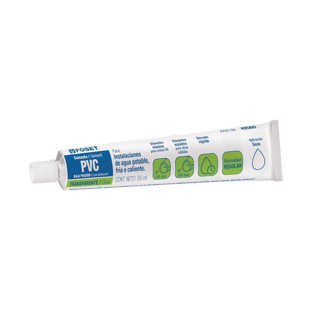 Cemento para PVC en tubo de 50 ml, baja presión, Foset - Pag 695