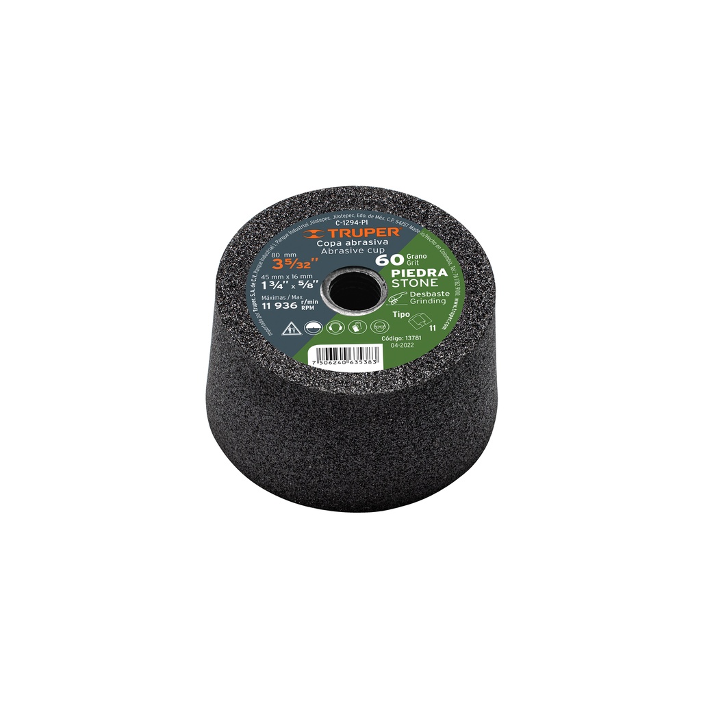 Copa desbaste de piedra 3-5/32' grano 60, eje 5/8-11, Truper - Pag 181