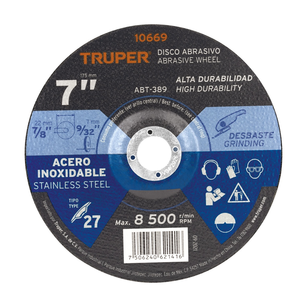 Disco Tipo 27 de 7' x 7.2 mm desbaste de acero inoxidable - Pag 188