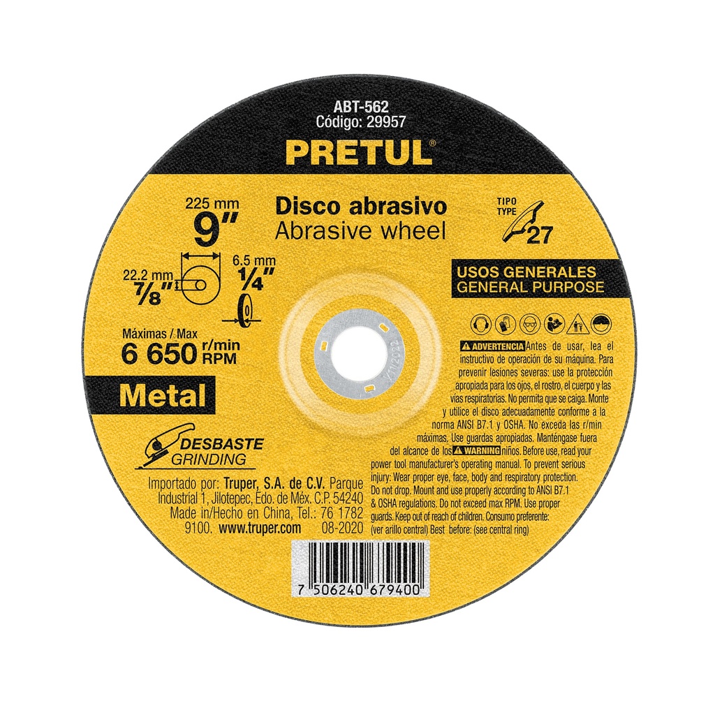 Disco Tipo 27 de 9' x 6.2 mm desbaste de metal, Pretul - Pag 188