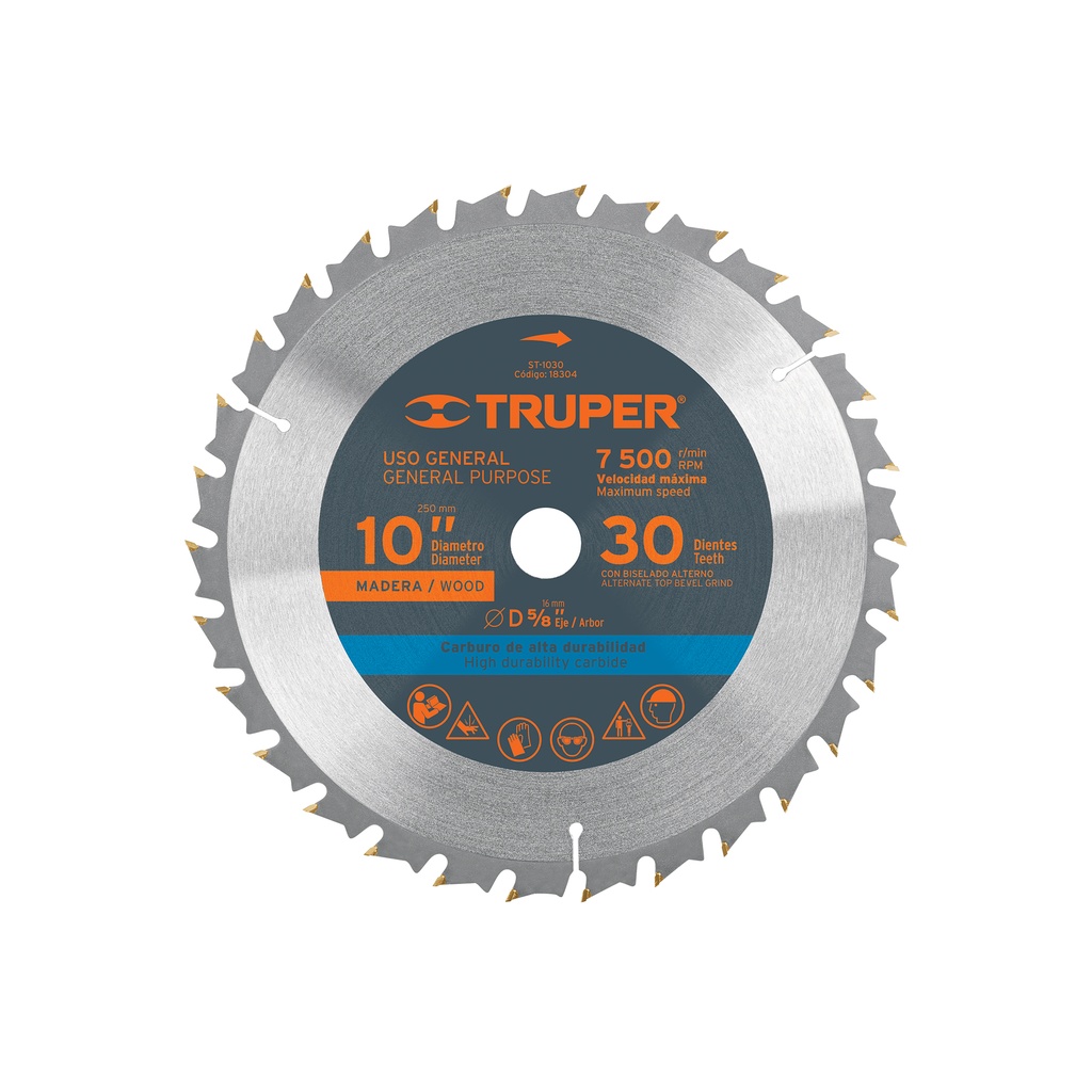 Disco sierra 10' para madera, 30 dientes centro 5/8', Truper - Pag 183