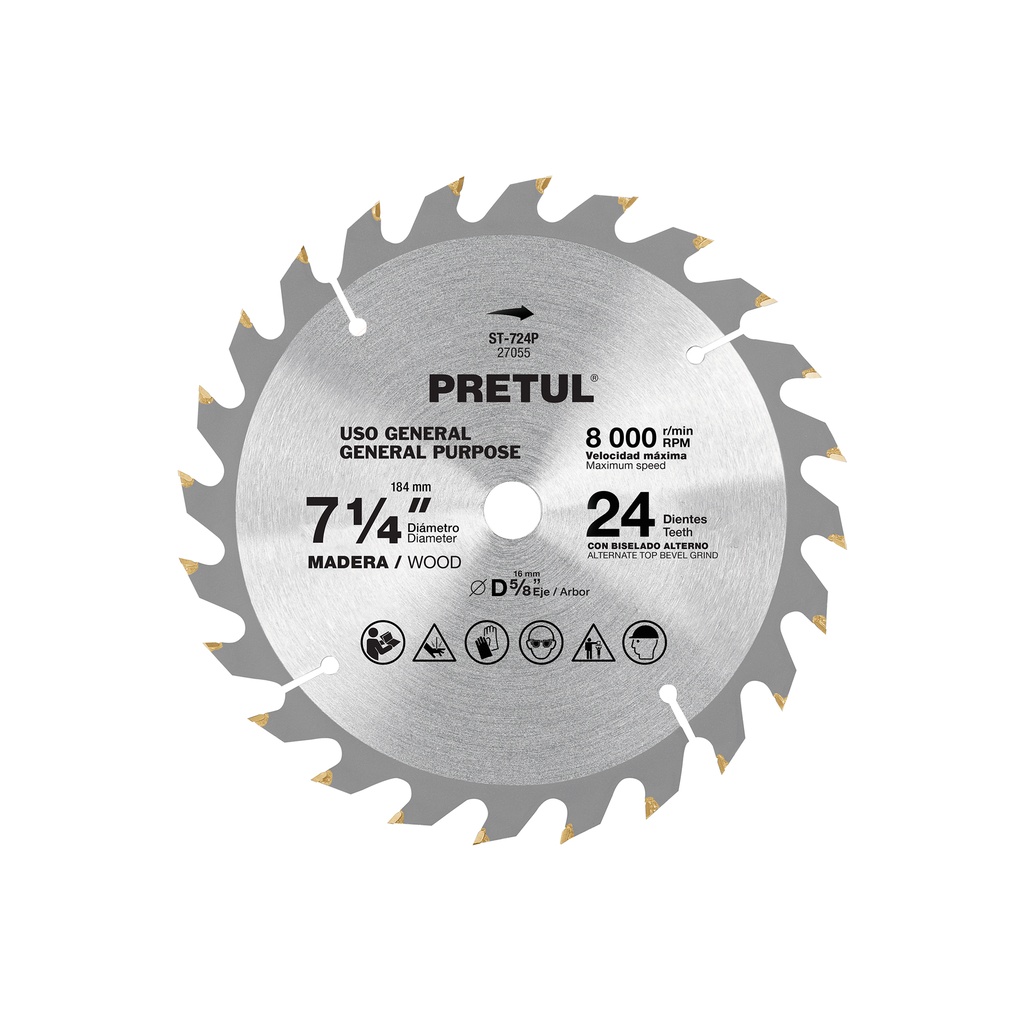 Disco sierra 7-1/4' p/madera, 24 dientes centro 5/8', Pretul - Pag 183