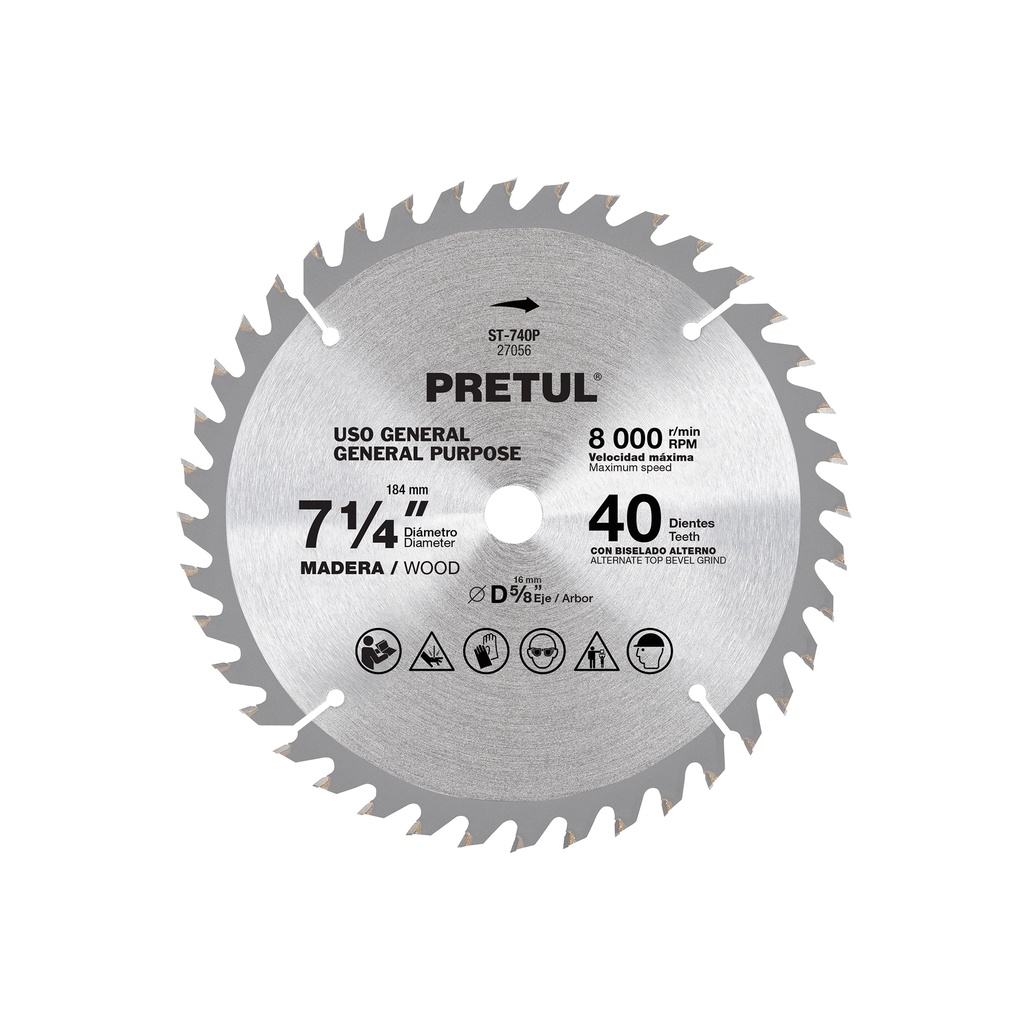 Disco sierra 7-1/4' p/madera, 40 dientes centro 5/8', Pretul - Pag 183