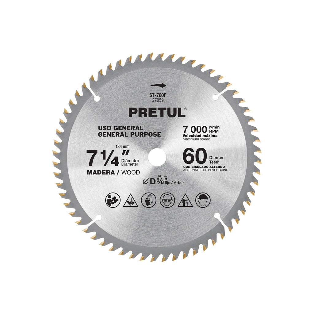 Disco sierra 7-1/4' p/madera, 60 dientes centro 5/8', Pretul - Pag 183