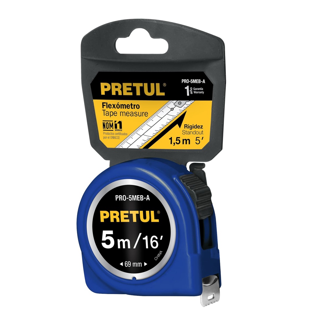 Flexómetro azul 5 m cinta 19 mm, en tarjeta, Pretul - Pag 208