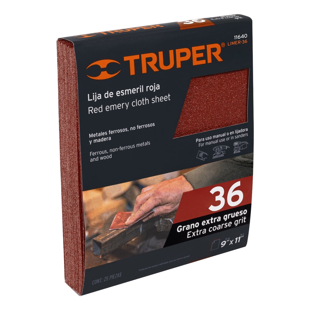 Lija de esmeril roja grano 36 de óxido de aluminio, Truper - Pag 251