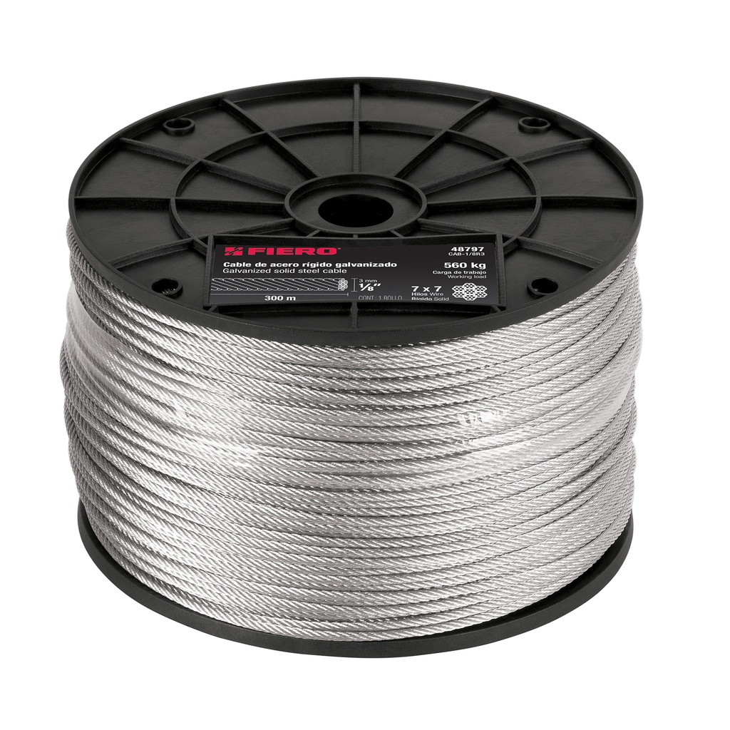 Metro de cable rígido 1/8' de acero 7x7 hilos, 300 m, Fiero - Pag 736