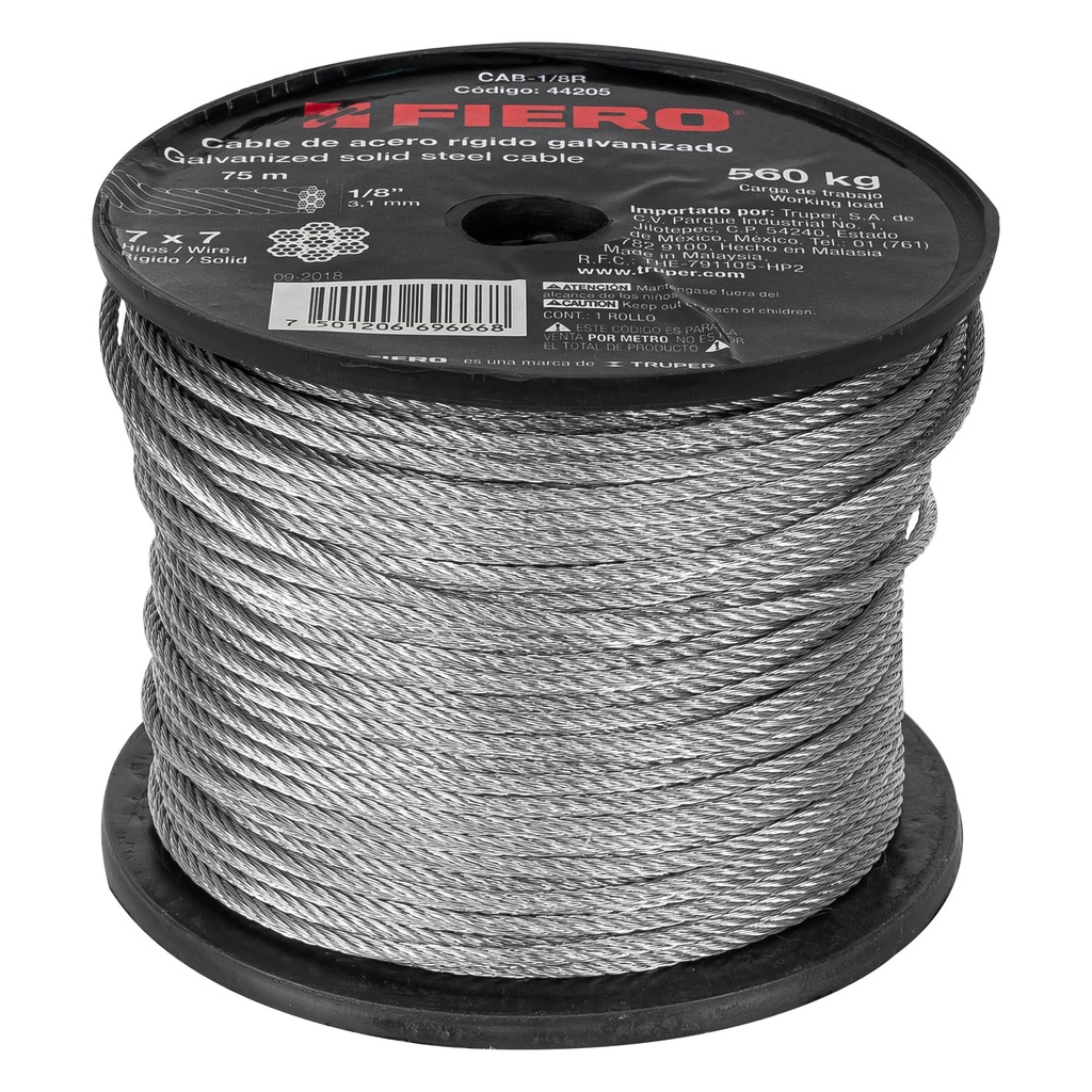 Metro de cable rígido 1/8' de acero 7x7 hilos, 75 m, Fiero - Pag 736