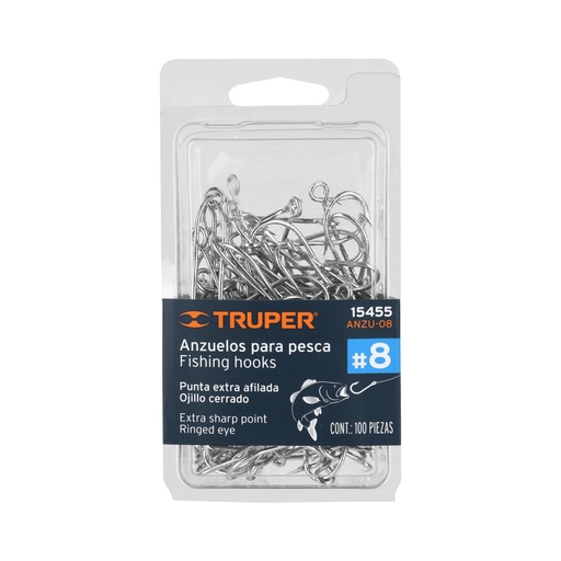 [T15455] Blíster con 100 anzuelos para pesca # 8, Truper - Pag 222