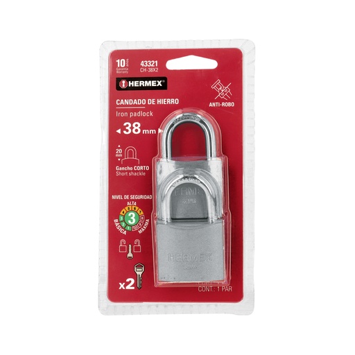 [T43321] Blíster con 2 candados de hierro de 38mm con gancho corto - Pag 771, 798