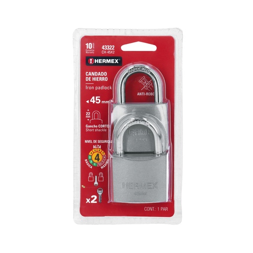 [T43322] Blíster con 2 candados de hierro de 45mm con gancho corto - Pag 771, 798