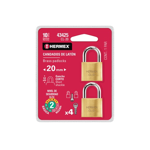 [T43425] Blíster con 2 candados de latón de 20mm con gancho corto - Pag 771, 798