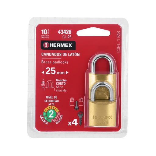 [T43426] Blíster con 2 candados de latón de 25mm con gancho corto - Pag 771, 798