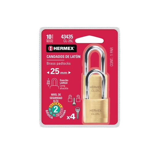 [T43435] Blíster con 2 candados de latón de 25mm con gancho largo - Pag 771, 798