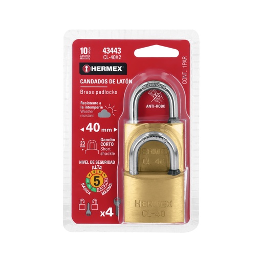 [T43443] Blíster con 2 candados de latón de 40mm con gancho corto - Pag 771, 798
