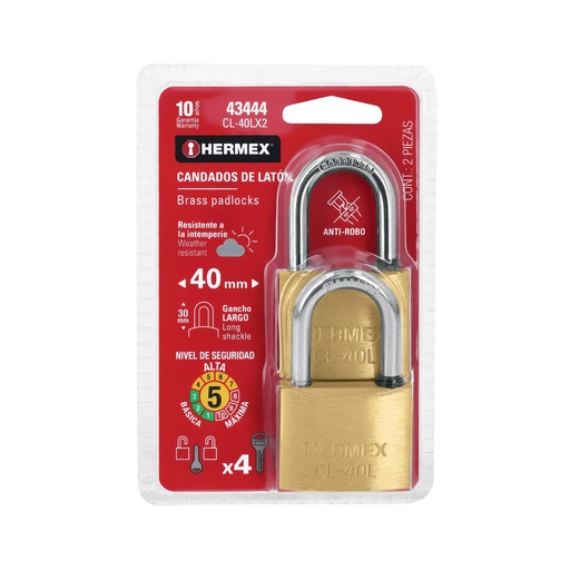 [T43444] Blíster con 2 candados de latón de 40mm con gancho largo - Pag 771, 798