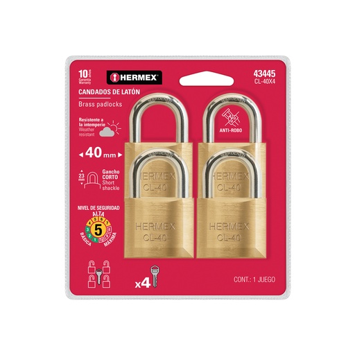 [T43445] Blíster con 4 candados de latón de 40mm con gancho corto - Pag 771, 798