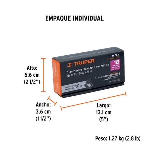 [T18264] Caja con 5000 clavos calibre 18, 30 mm para CLNE-18, Truper - Pag 127