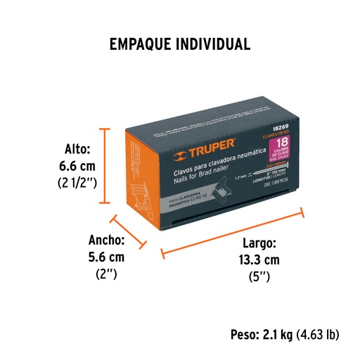 [T18269] Caja con 5000 clavos calibre 18, 50 mm para CLNE-18, Truper - Pag 127