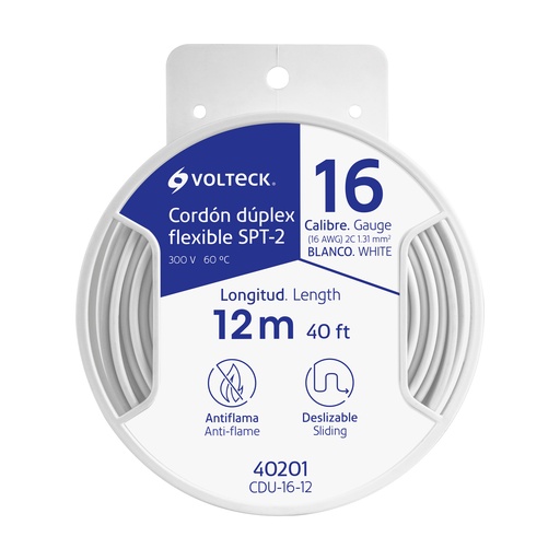 [T40201] Carrete con 12 m cordón dúplex flexible SPT 16 AWG, Volteck - Pag 547