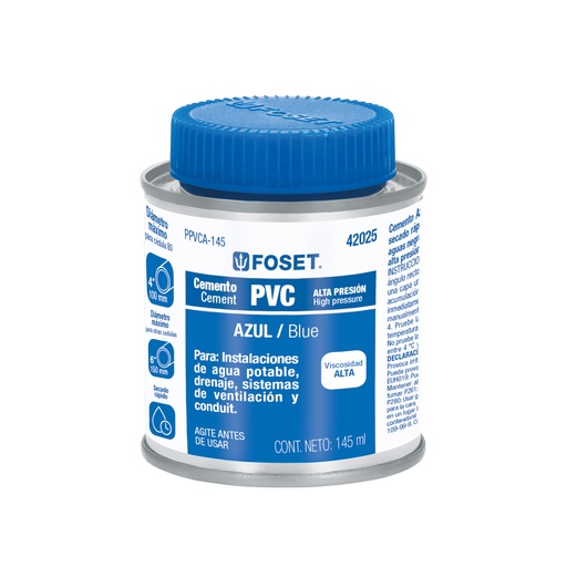 [T42025] Cemento azul para PVC en bote de 145 ml, alta presión, Foset - Pag 695