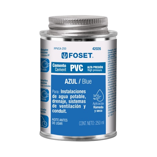 [T42026] Cemento azul para PVC en bote de 250 ml, alta presión, Foset - Pag 695