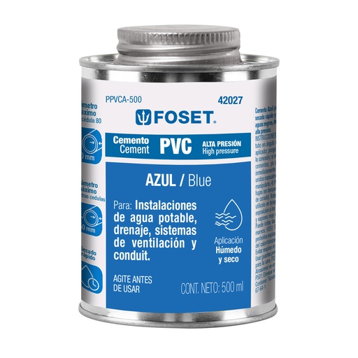 [T42027] Cemento azul para PVC en bote de 500 ml, alta presión, Foset - Pag 695