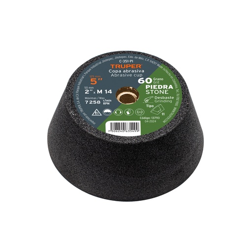 [T13793] Copa desbaste de piedra 5' grano 60, eje M14, Truper - Pag 181