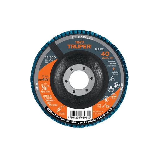 [T11673] Disco 4-1/2' laminado grano 40 centro 7/8', Truper - Pag 180