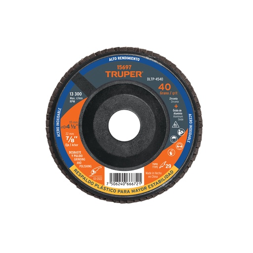 [T15697] Disco 4-1/2' laminado respaldo plástico grano 40 centro 7/8' - Pag 180
