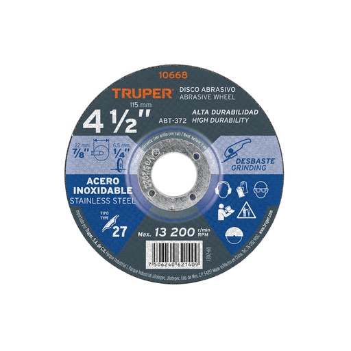 [T10668] Disco Tipo 27 de 4-1/2' x 6.5 mm desbaste acero inoxidable - Pag 188