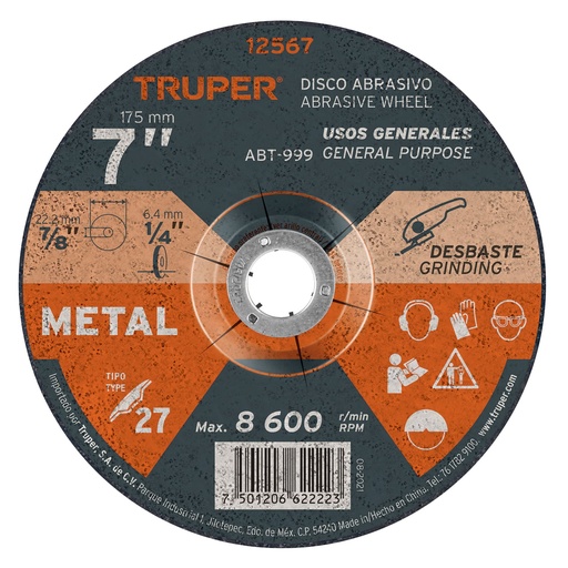 [T12567] Disco Tipo 27 de 7' x 6.4 mm para desbaste de metal, Truper - Pag 188