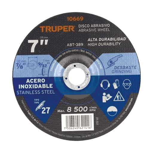 [T10669] Disco Tipo 27 de 7' x 7.2 mm desbaste de acero inoxidable - Pag 188