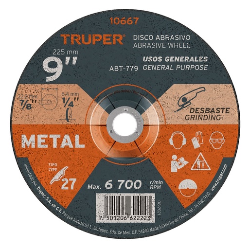 [T10667] Disco Tipo 27 de 9' x 6.4 mm para desbaste de metal, Truper - Pag 188
