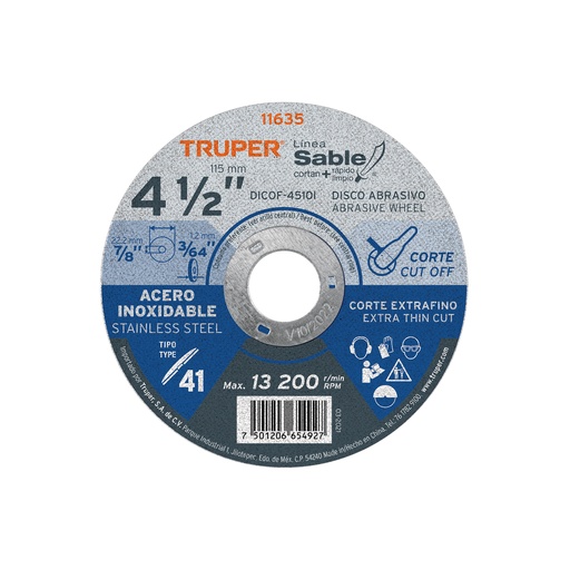 [T11635] Disco Tipo 41 de 4-1/2' x 1 mm corte fino acero inox, Sable - Pag 186