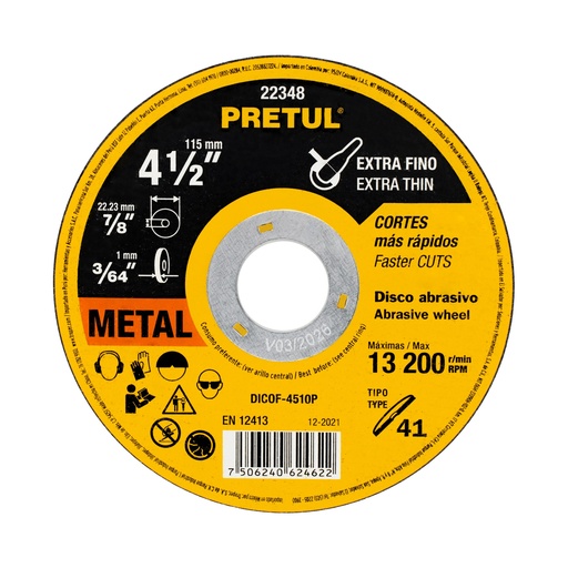 [T22348] Disco Tipo 41 de 4-1/2' x 1 mm corte fino de metal, Pretul - Pag 186