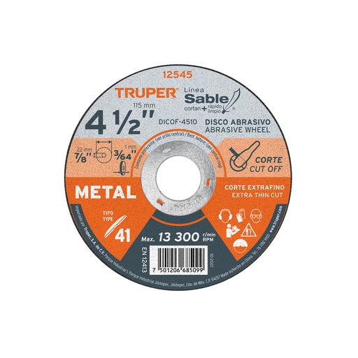 [T12545] Disco Tipo 41 de 4-1/2' x 1 mm corte fino de metal, Sable - Pag 186
