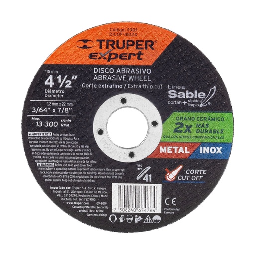 [T11901] Disco Tipo 41 de 4-1/2' x 1.2 mm corte fino de metal, Expert - Pag 186