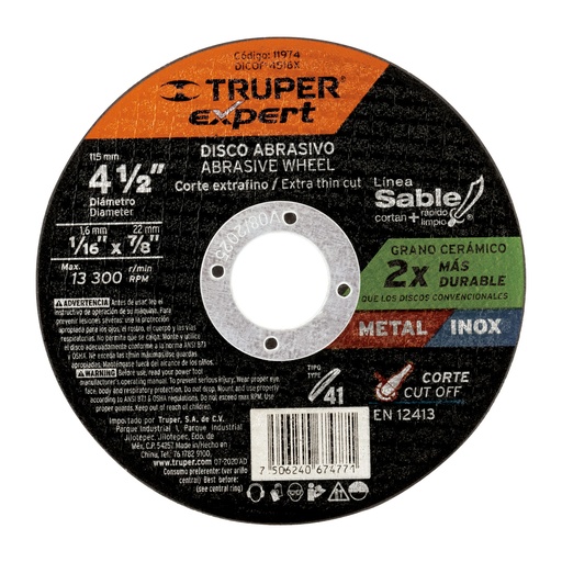 [T11974] Disco Tipo 41 de 4-1/2' x 1.6 mm corte fino de metal, Expert - Pag 186