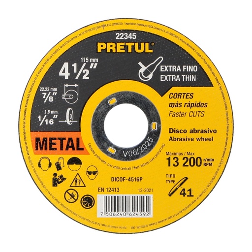 [T22345] Disco Tipo 41 de 4-1/2' x 1.6 mm corte fino de metal, Pretul - Pag 186