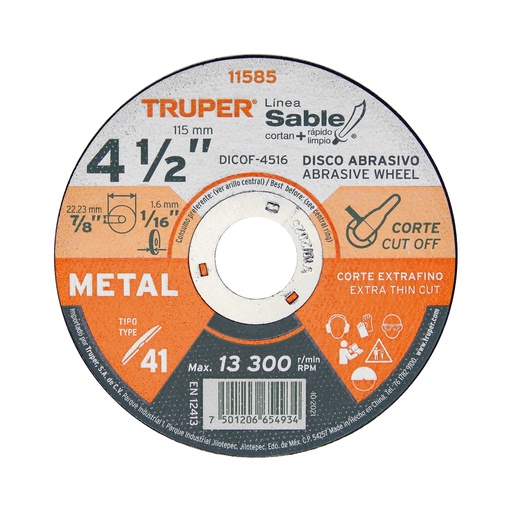 [T11585] Disco Tipo 41 de 4-1/2' x 1.6 mm corte fino de metal, Sable - Pag 186