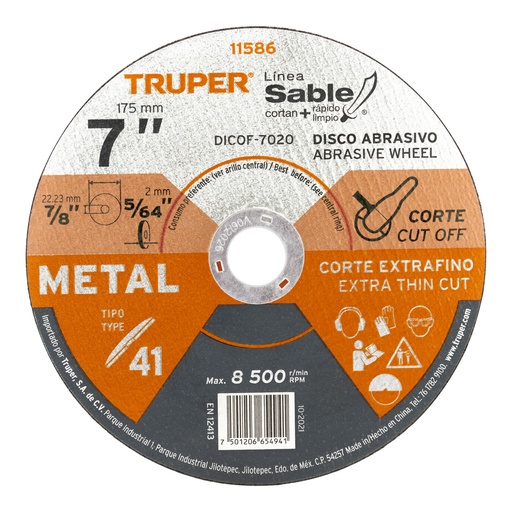 [T11586] Disco Tipo 41 de 7' x 2 mm corte fino de metal, Sable - Pag 186