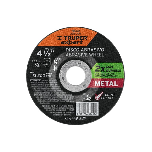 [T11549] Disco Tipo 42 de 4-1/2' x 3.2 mm corte metal, Truper Expert - Pag 187