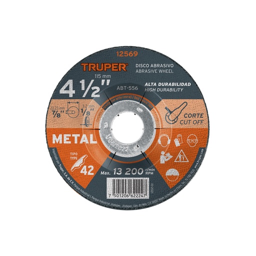 [T12569] Disco Tipo 42 de 4-1/2' x 3.2 mm para corte de metal, Truper - Pag 187