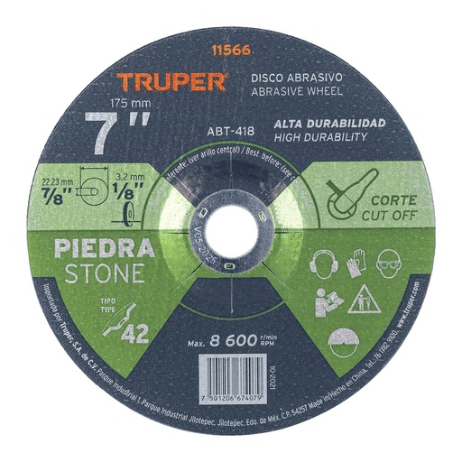 [T11566] Disco Tipo 42 de 7' x 3.2 mm para corte de piedra, Truper - Pag 187