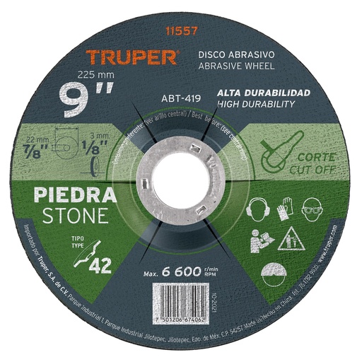 [T11557] Disco Tipo 42 de 9' x 3.2 mm para corte de piedra, Truper - Pag 187