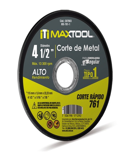 [A307803] Disco corte de metal 4 1/2" x 1.6mm, TIPO 1 Maxtool