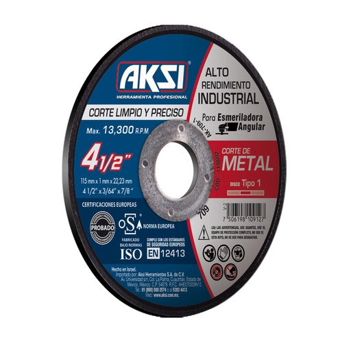 [A114603] Disco corte de metal 4 1/2" x 1.6mm, tipo 1- Alto Rendimiento