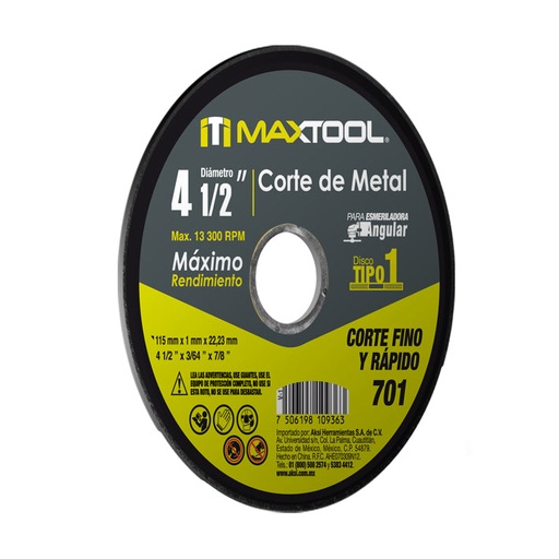 [A307802] Disco corte de metal 4 1/2" x 1mm, TIPO 1 Maxtool